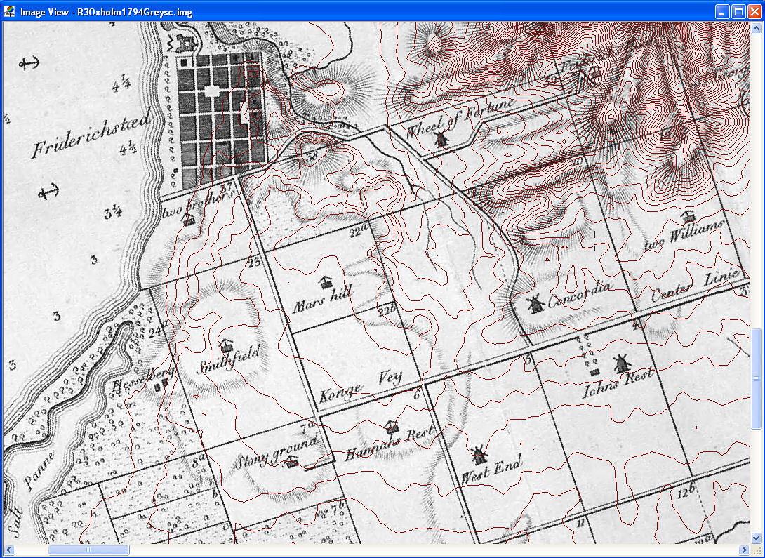 Udsnit af Oxholms kort fra 1794, vist med højdekurver (5m interval) fra moderne kort. Vi ser på disse geo-data i programmet WinChips. 
